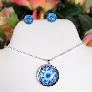 925/ COPPER 20" Chain w Mandala cobachon  & earrings. Handmade Set